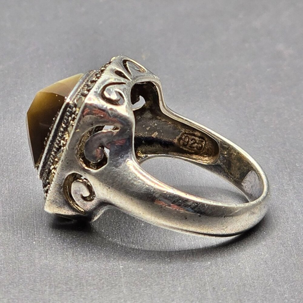 Sterling Silver 925 Smokey Quartz Marcasite Ring Size 8 Checkerboard Dome 7.02g - Picture 11 of 15